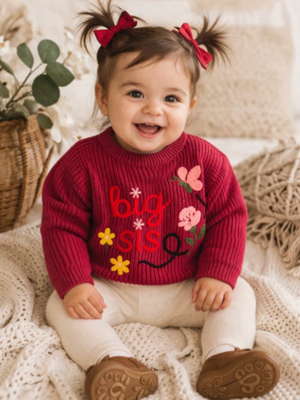 Big Sis Embroidered Sweater Toddler 12M Red Pink Floral Graphic Cozy Knit